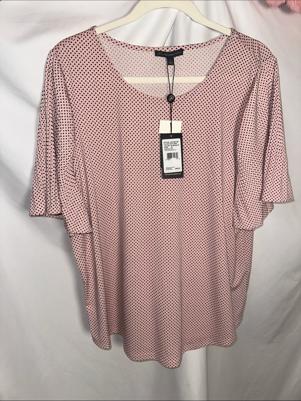 Adrianna Papell Pink Polka Dot Short Sleeve Scoop Neck Top